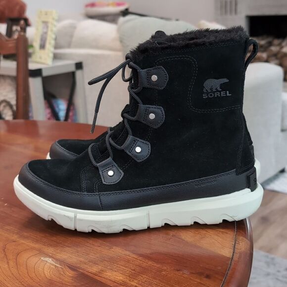 Sorel Explorer II Joan WP Black faux fur-trimmed suede ankle boots Sz 11 - Picture 6 of 13